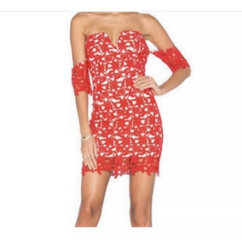 J.O.A. Womens Short Sheath Dress RED Lace Sweetheart Neck Short Sleeve Small NEW